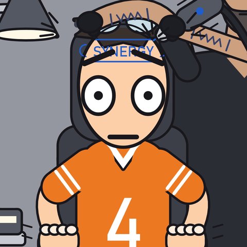Volunteer Four in an orange number 4 jersey, wide-eyed in a tattoo chair, SYNERGY stenciled on his forehead