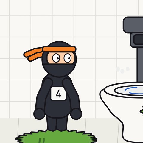 Volunteer Four dressed as a ninja beside an automatic toilet