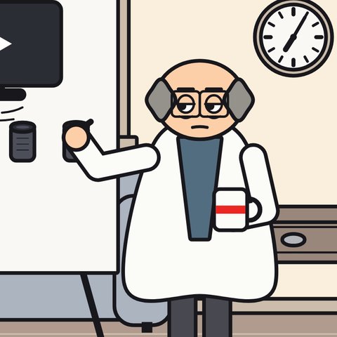 The Scientist: bald, round glasses, white lab coat, a mug with a red stripe