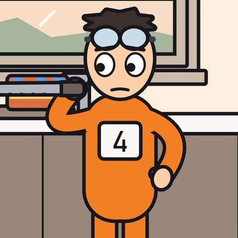 Volunteer Four in his orange jumpsuit and goggles, bib number 4